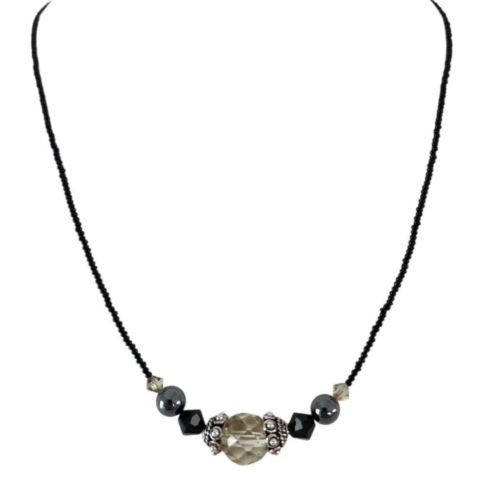 Dainty necklace 925 sterling silver faceted crystal pendant petite seed beads
